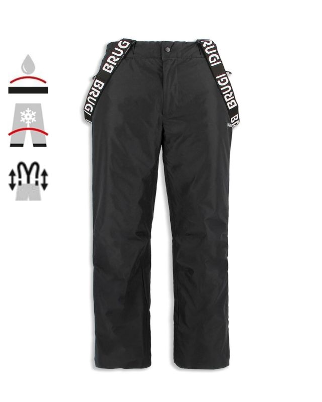 BRUGI - Pantalone da sci nero impermeabile traspirante idrorepellente antivento con bretelle regolabili bambino