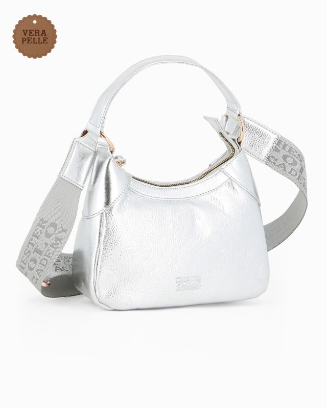 CHESTER POLO ACADEMY - Minibag argento in VERA PELLE con tracolla nastro loggata