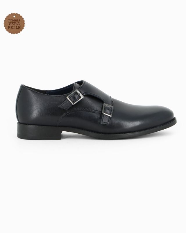 CLASS MAN - Scarpa blu in VERA PELLE con doppia fibbia