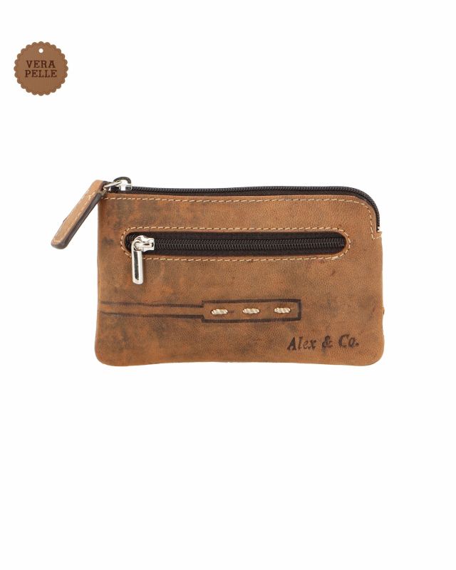 ALEX & CO - Borsellino portaspicci marrone in VERA PELLE con doppio anello portachiavi e taschino frontale