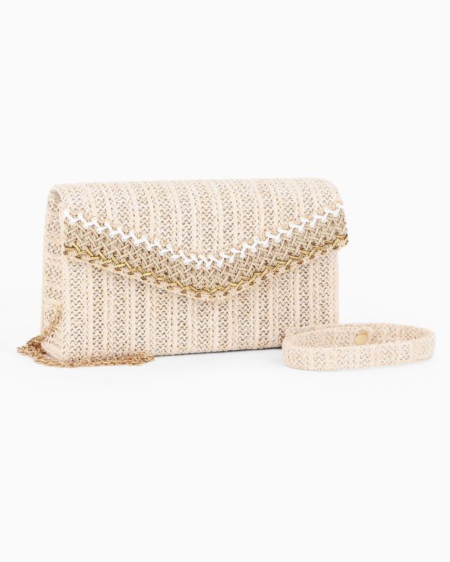 DIVAS - Pochette beige in paglia con patta, manico e catenina removibili