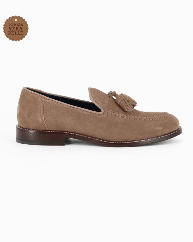CLASS MAN - Mocassino taupe scamosciato in VERA PELLE con nappe e suola a contrasto
