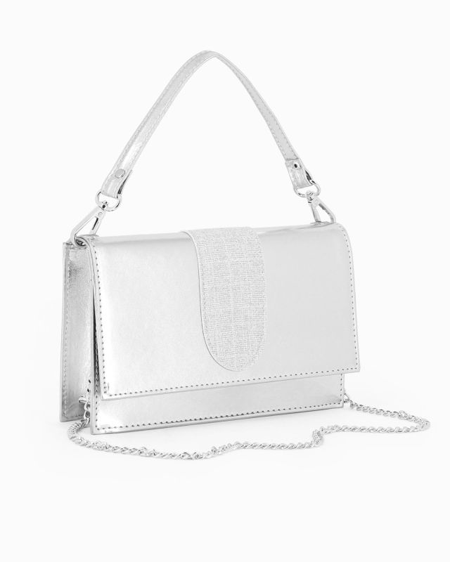 ANNES NICOLE - Pochette argento con patta e tracolla a catenina