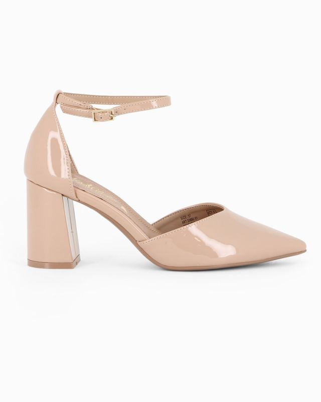 MISS GLOBO - Décolleté beige in vernice con sottopiede in VERA PELLE e cinturino alla caviglia, tacco 7,5CM