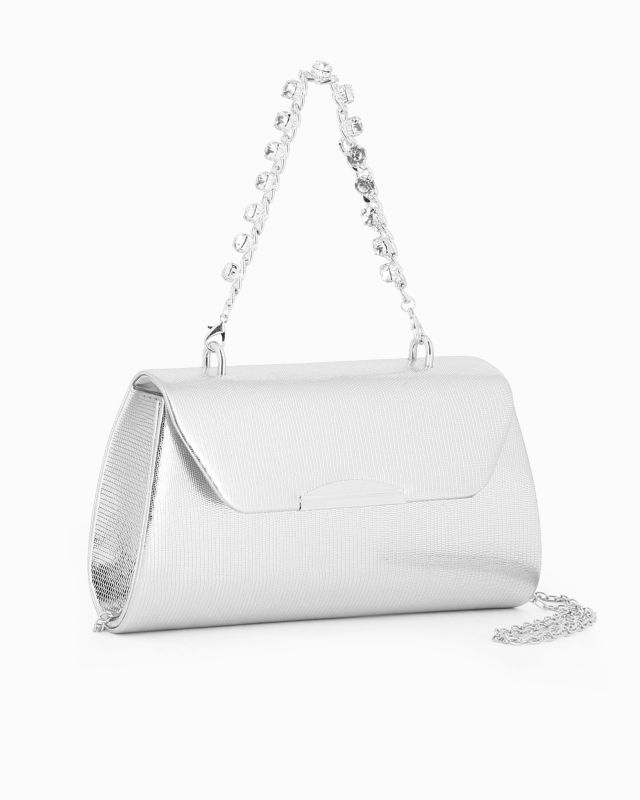 DIVAS - Pochette argento con manico gioiello e patta