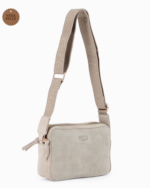 CHESTER POLO ACADEMY - Tracolla beige scamosciata in VERA PELLE con due scomparti principali