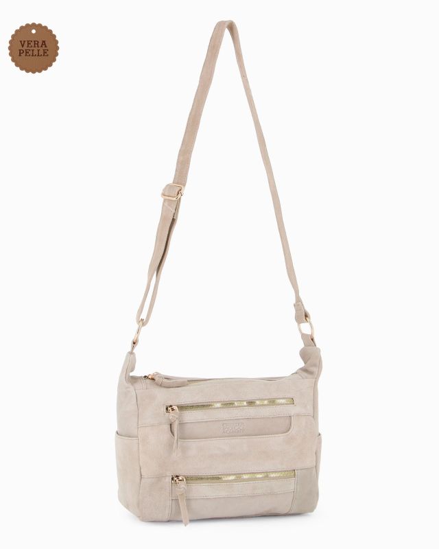 CHESTER POLO ACADEMY - Tracolla beige scamosciata in VERA PELLE con tre tasche frontali