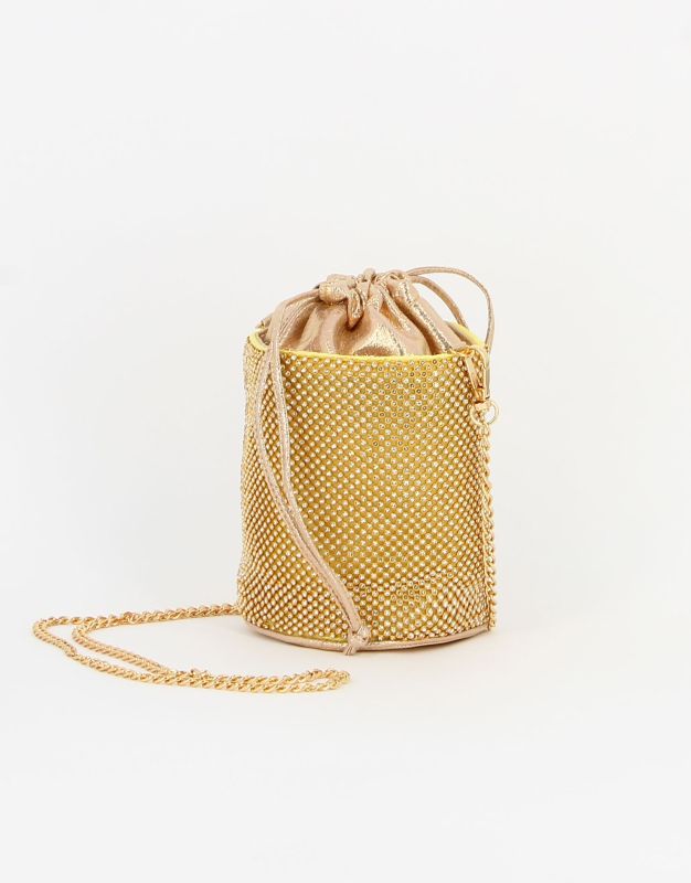 MISS GLOBO - Pochette secchiello oro con strass e chiusura coulisse, tracolla catenina removibile