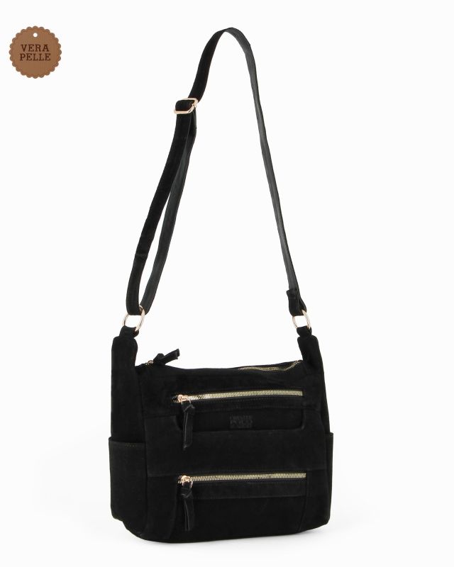 CHESTER POLO ACADEMY - Tracolla nera scamosciata in VERA PELLE con tre tasche frontali