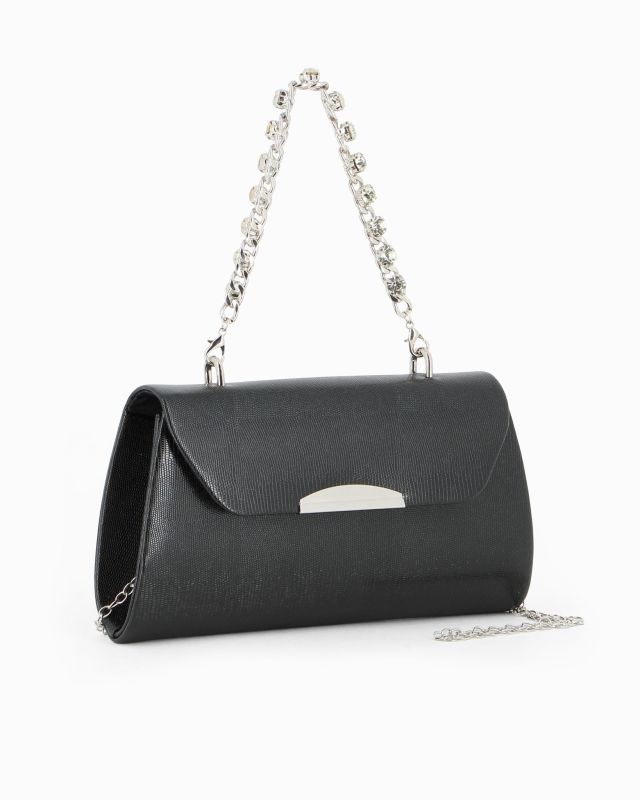 DIVAS - Pochette nera con manico gioiello e patta