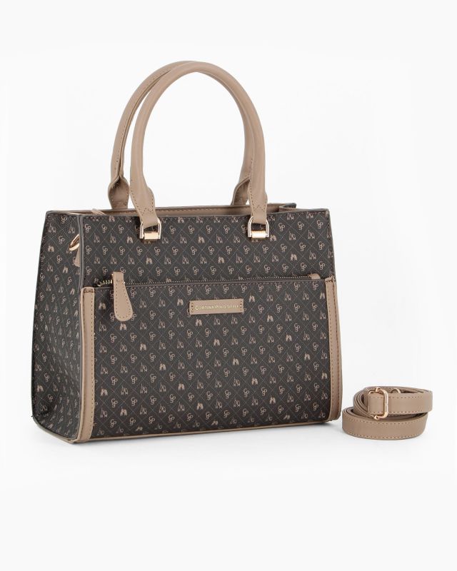 CORTINA POLO STYLE - Borsa due manici moro/taupe logata con tasca frontale, tracolla removibile